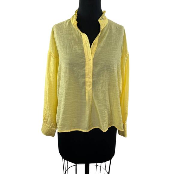 MNG by Mango Yellow Long Sleeve Boxy Popover Shirt Button-Up Ruffle Collar S - Picture 1 of 7